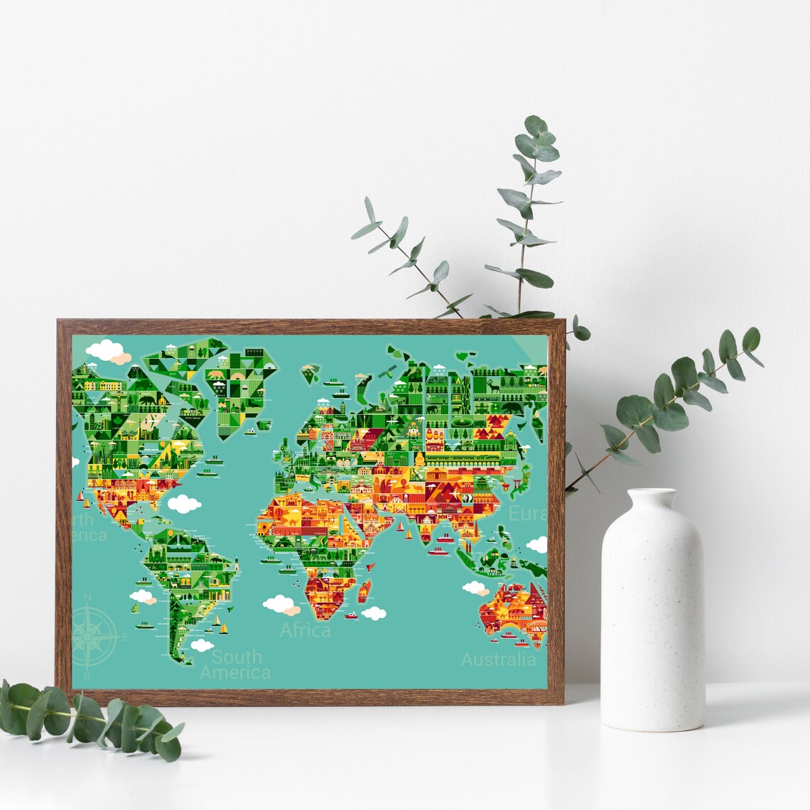 Cartoon World Map, Printable World Map, Wall Art Home & Office Decor, Digital Download, Download Artwork for Personal Use, Digital Prints"