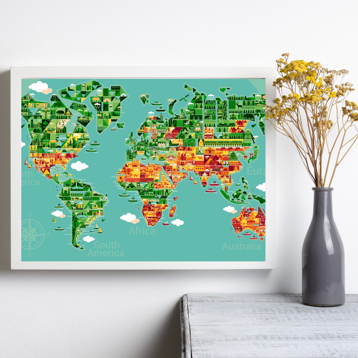 Cartoon World Map, Printable World Map, Wall Art Home & Office Decor, Digital Download, Download Artwork for Personal Use, Digital Prints"