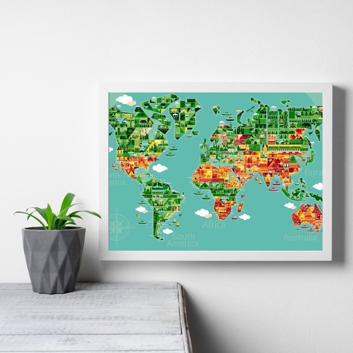 Cartoon World Map, Printable World Map, Wall Art Home & Office Decor, Digital Download, Download Artwork for Personal Use, Digital Prints"