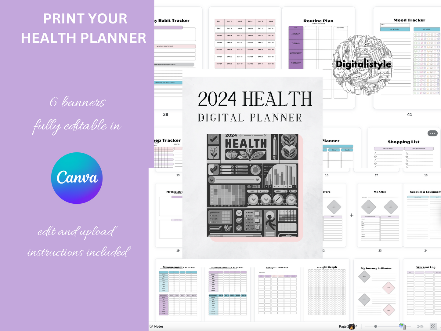 2024 Complete Health & Wellness Digital Planner - Canva & KDP Ready