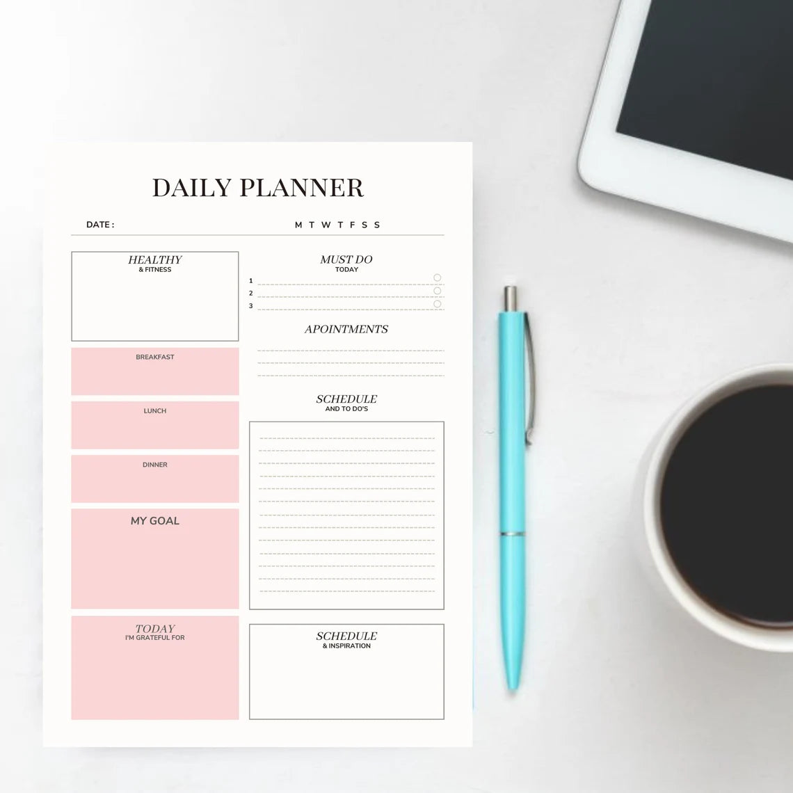 Daily Planner Download, Modern Daily Planner Online, Productivity Planner, Printable Planner for Daily Organization and Goal Achievement