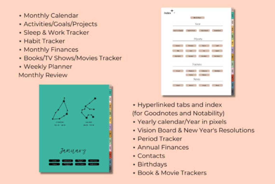 Personalized Birth Chart, Yearly Spreads, Monthly Planners, Contact List, Birthdays, Movie Tracker, Digital Study Planner for Goodnotes