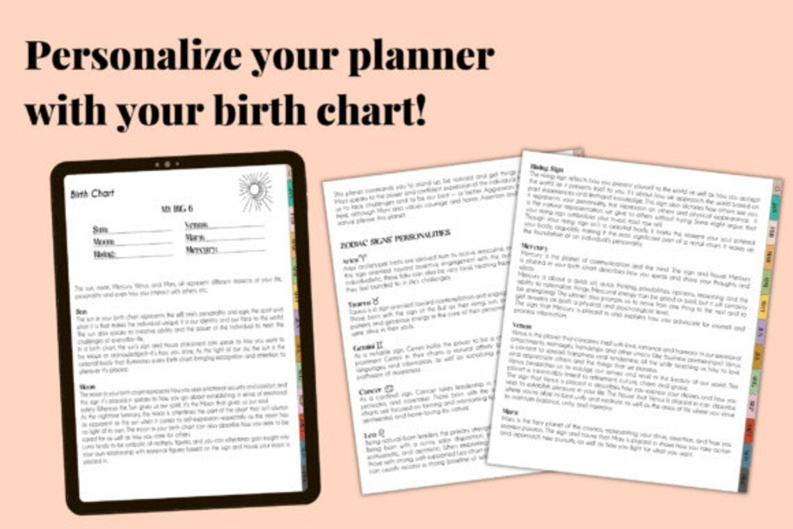 Personalized Birth Chart, Yearly Spreads, Monthly Planners, Contact List, Birthdays, Movie Tracker, Digital Study Planner for Goodnotes